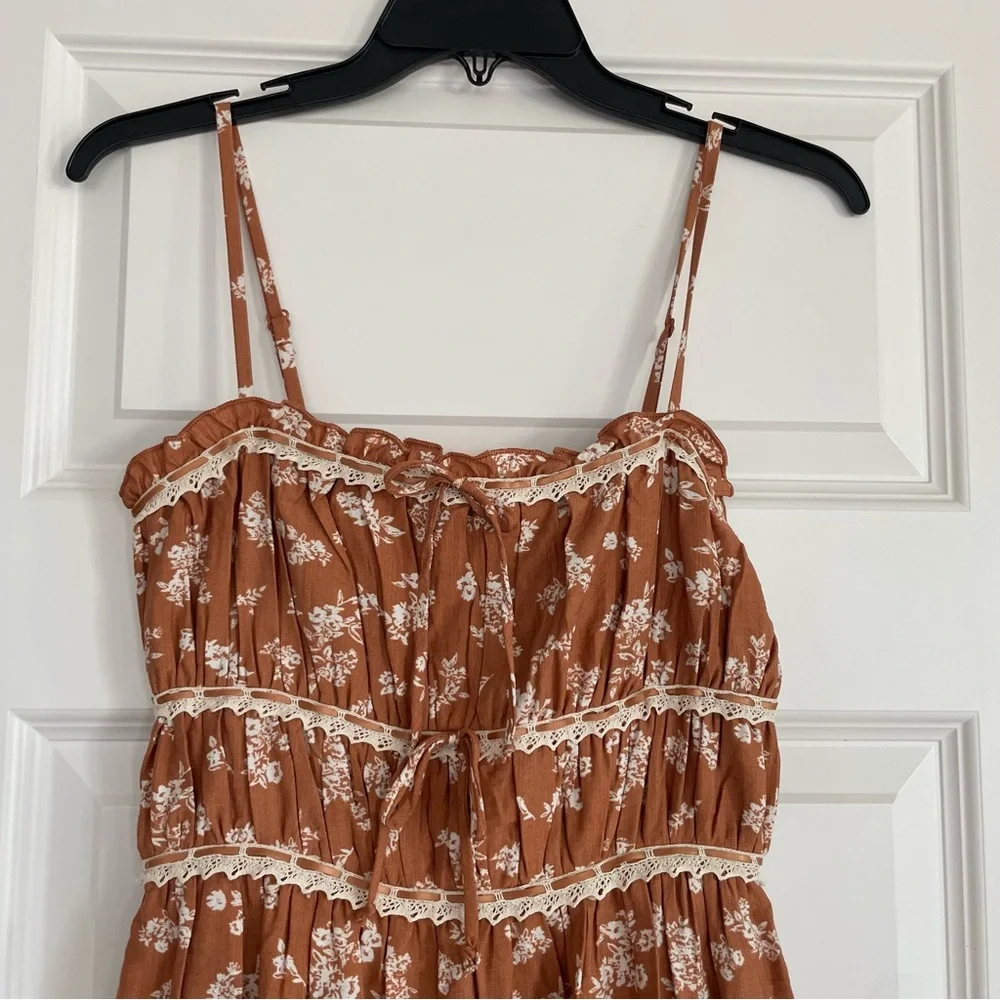 Sincerely Jules Burnt Orange Floral Maxi Dress Cottagecore Lace Trimmed - Picture 3 of 6
